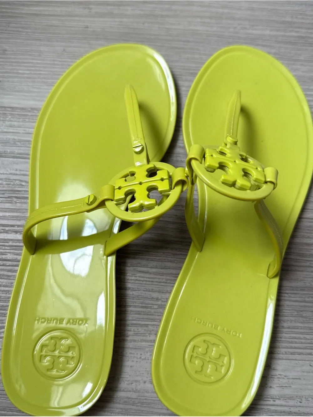 Tory Burch Lime Yellow Logo Jelly Thong Sandals